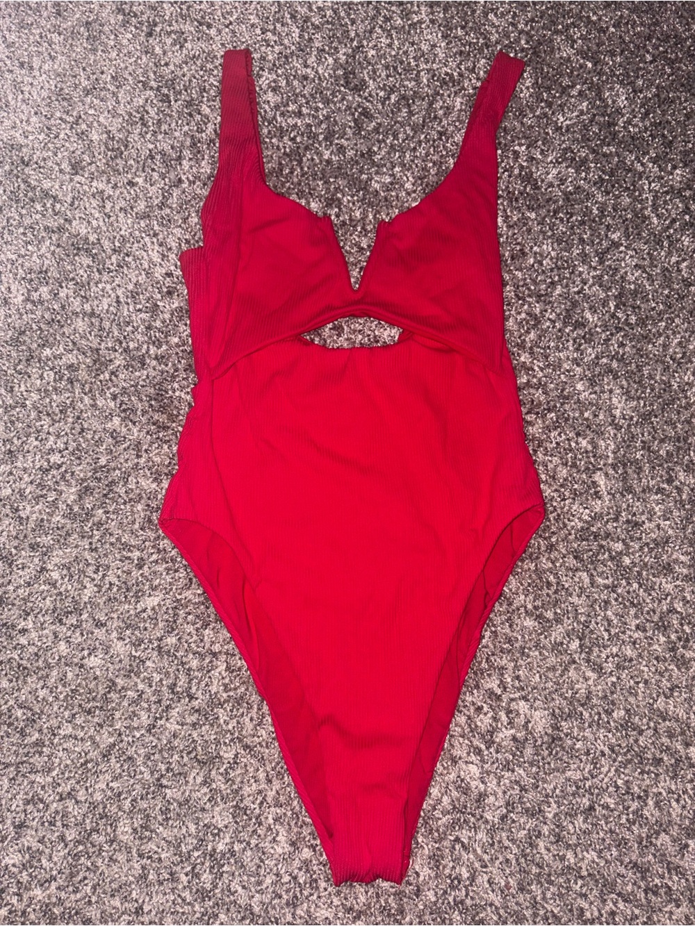 Ribbed Red One-Piece Swimsuit with Front Cutout